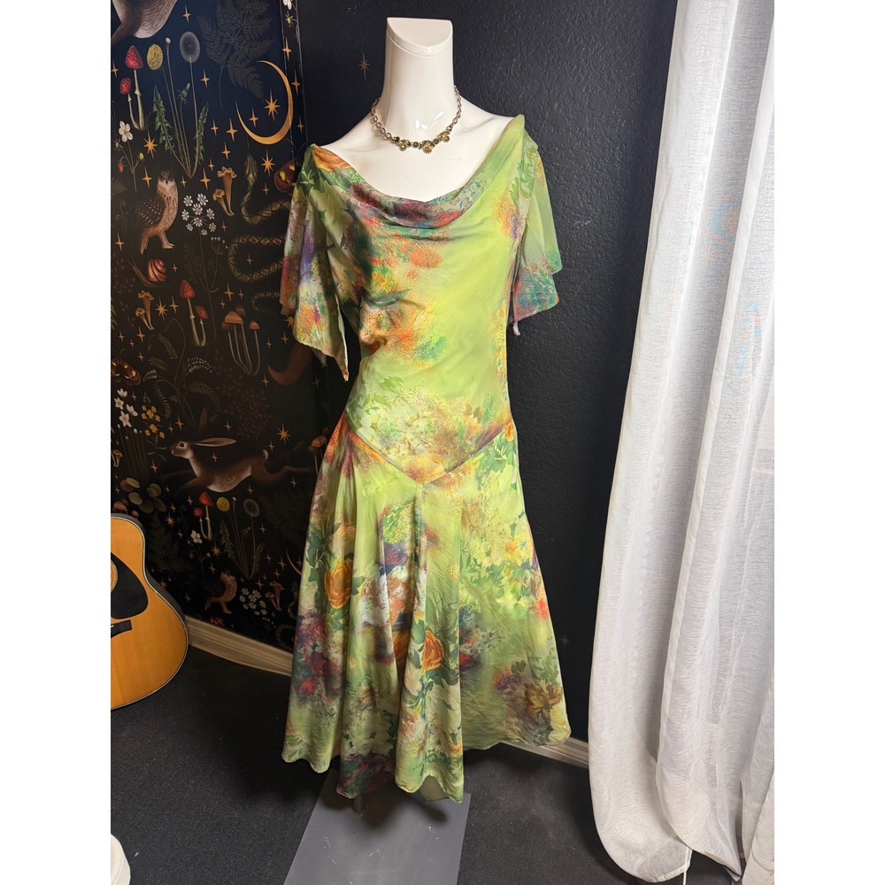 Signature by Robbie Bee Lime Green Floral Cowl Neck Handkerchief Hem Midi Dress